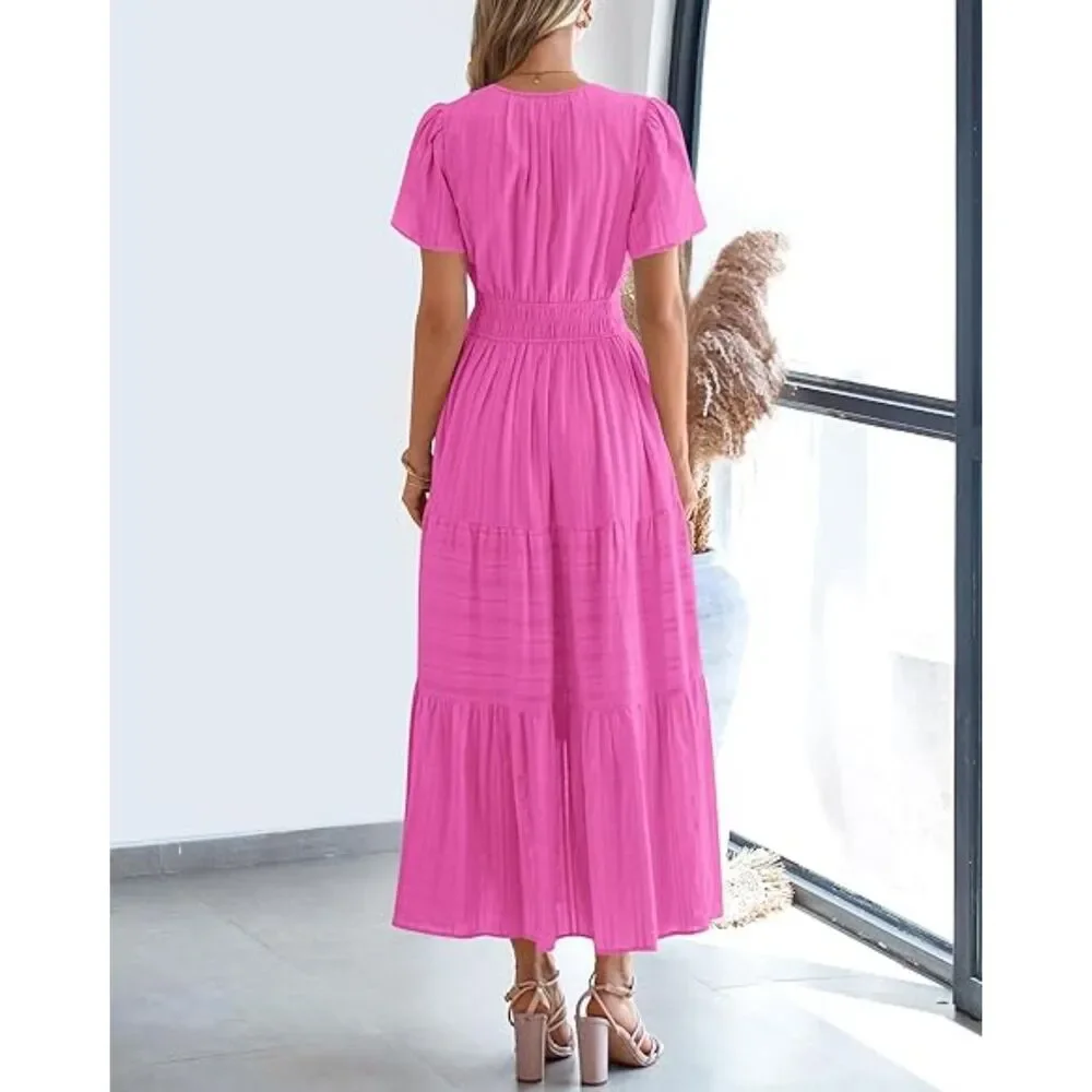 Women's Rose Red V Neck Short Sleeve A Line Summer Casual Maxi Dress Pockets